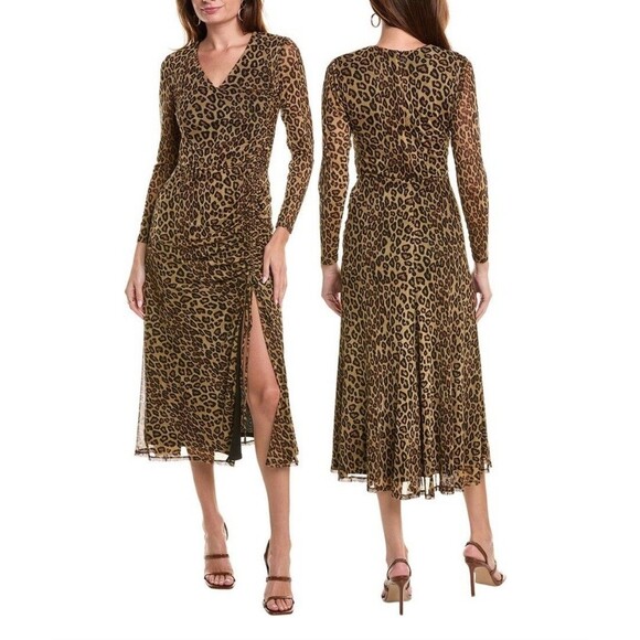 Taylor Stretch Mesh Animal Print Midi Dress Sz 4 Ruched Split - Picture 2 of 7